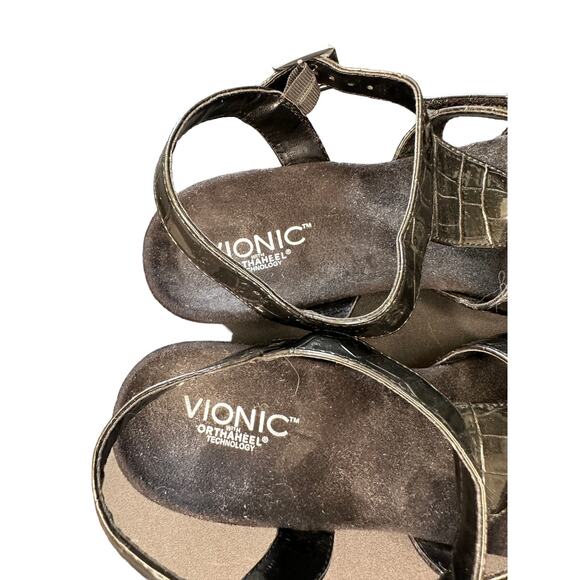 Vionic Black Casual Patent Leather Comfort Glenda Wedge Open Toe Sandals Size 9 - Picture 4 of 8